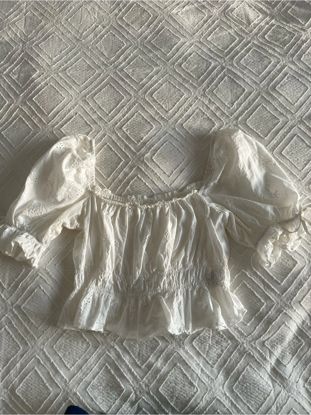 Reformation White Eyelet Puff-Sleeve Peasant Blouse